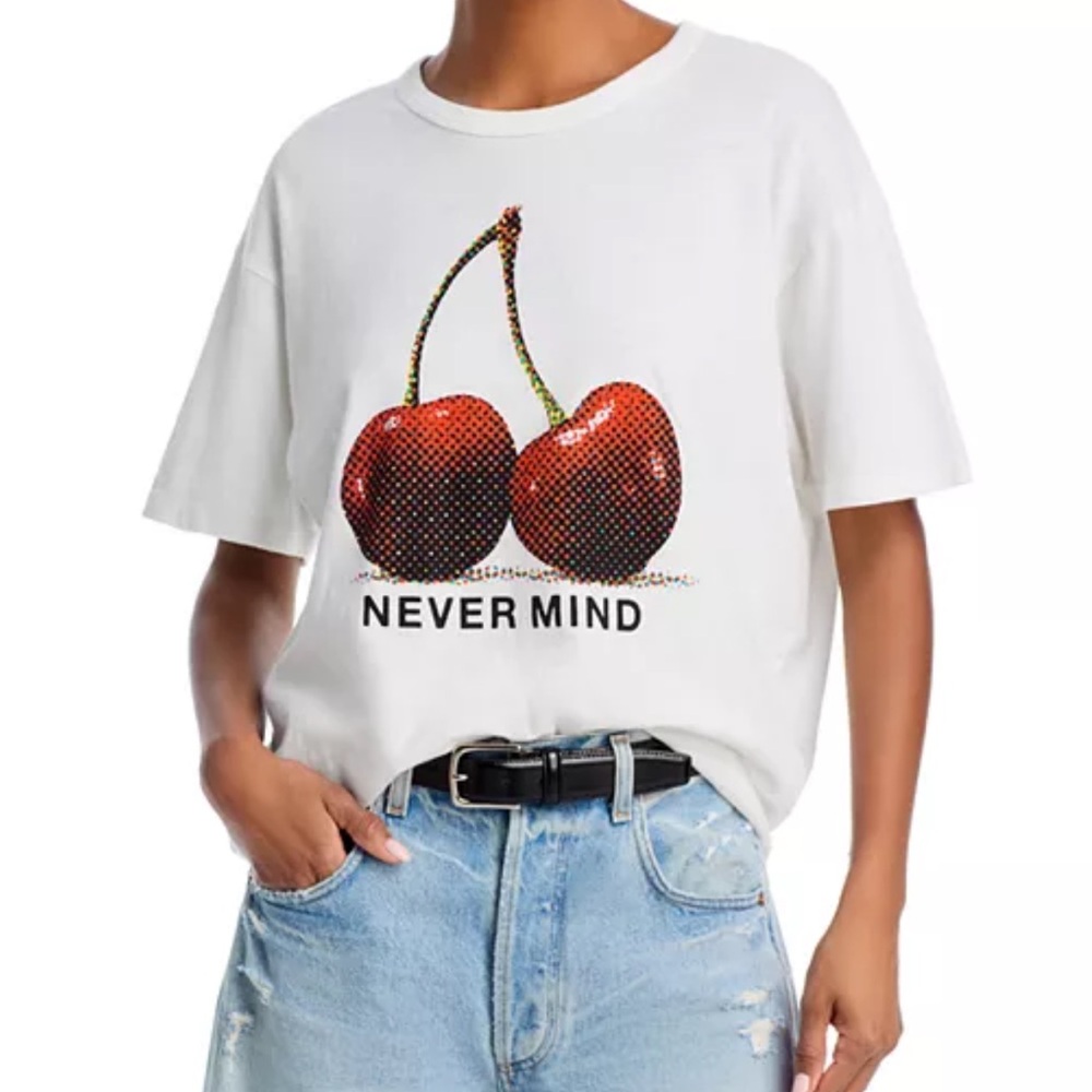 MOTHER White Boxy Graphic Tee with Red Cherry Design